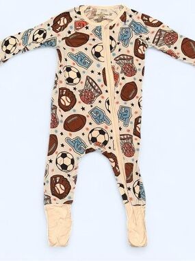 Caden Lane Cream Sports Print Footed One-Piece with Brown & Blue Accents